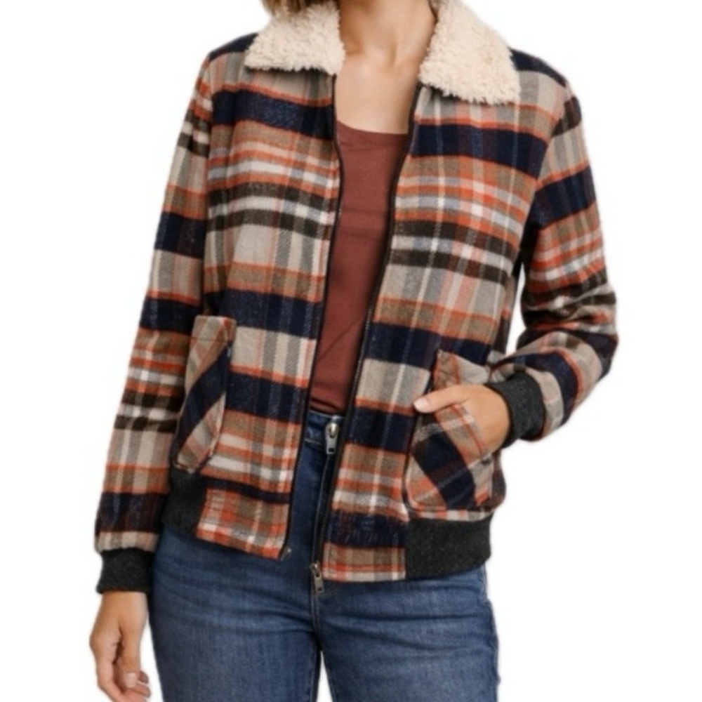 Knox Rose Women's XS Brown & Orange Plaid Wool Bomber Jacket with Sherpa Collar